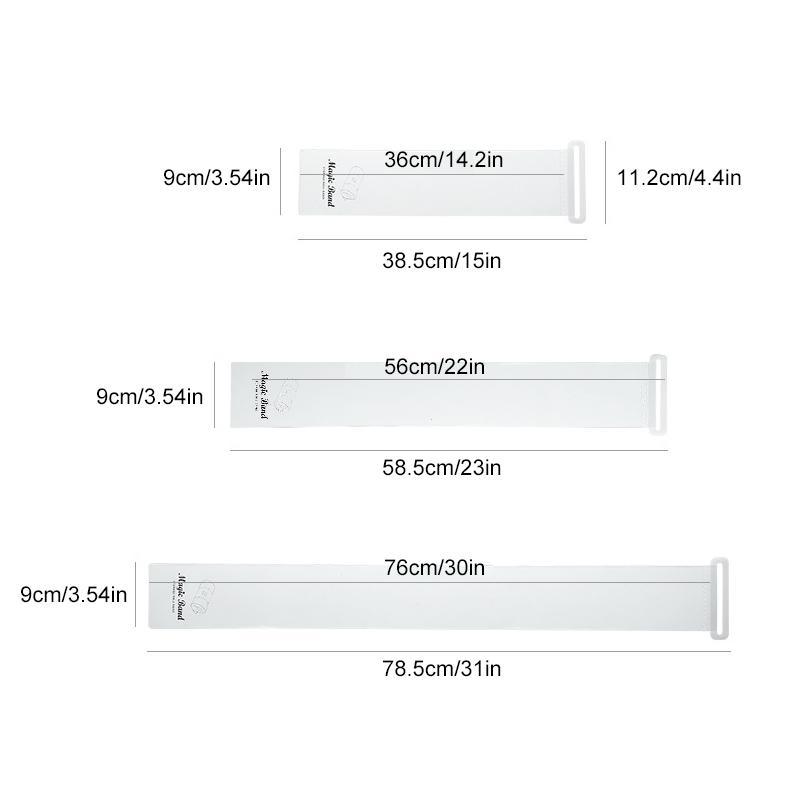 Transparenta, självhäftande klädförvaringsband i PVC och PP, idealiska för organiserad textilförvaring. Finns i storlekar S, 