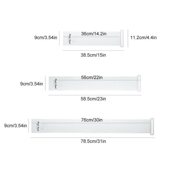 Transparenta, självhäftande klädförvaringsband i PVC och PP, idealiska för organiserad textilförvaring. Finns i storlekar S, 