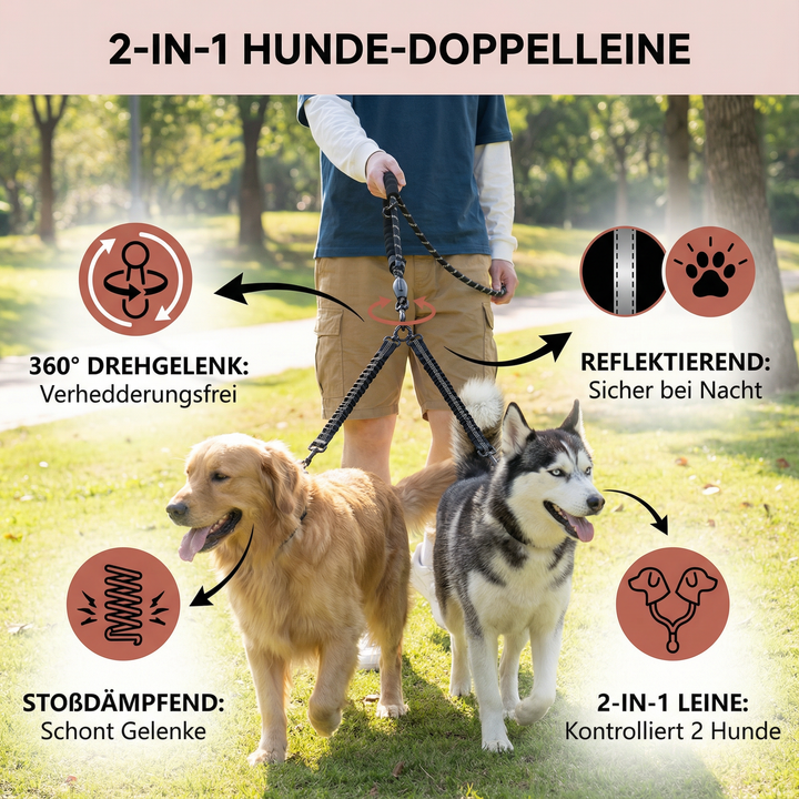 Bekvämt, stötdämpande hundkoppel för två. Ger säkerhet vid varje promenad utomhus.