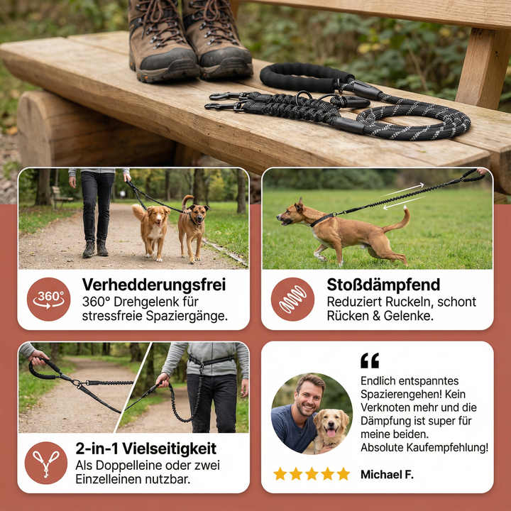 Slitstarkt tvåhundskoppel med 360° svängled. Hållbar hundutrustning för husdjur.
