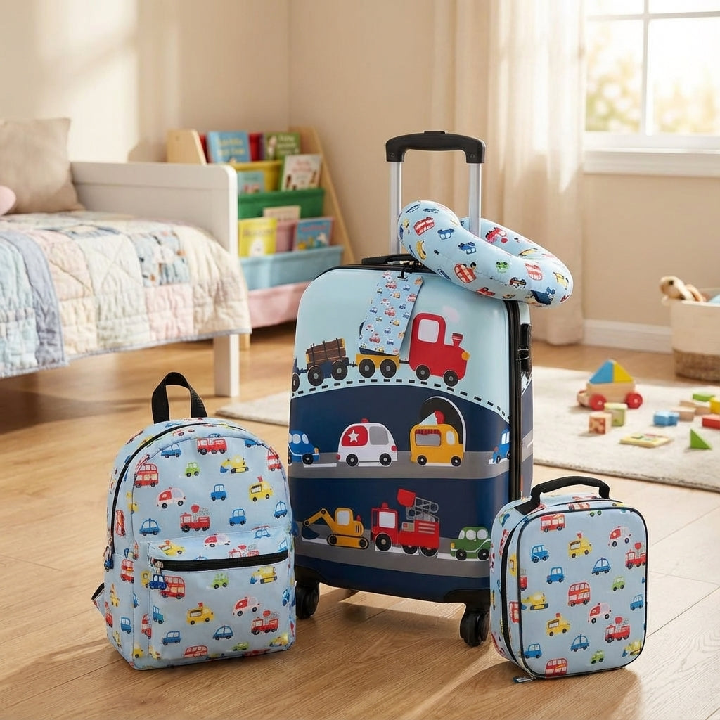 Traveltot barnreseset, 5 delar: resväska, ryggsäck, lunchväska, nackkudde för smidiga resor.