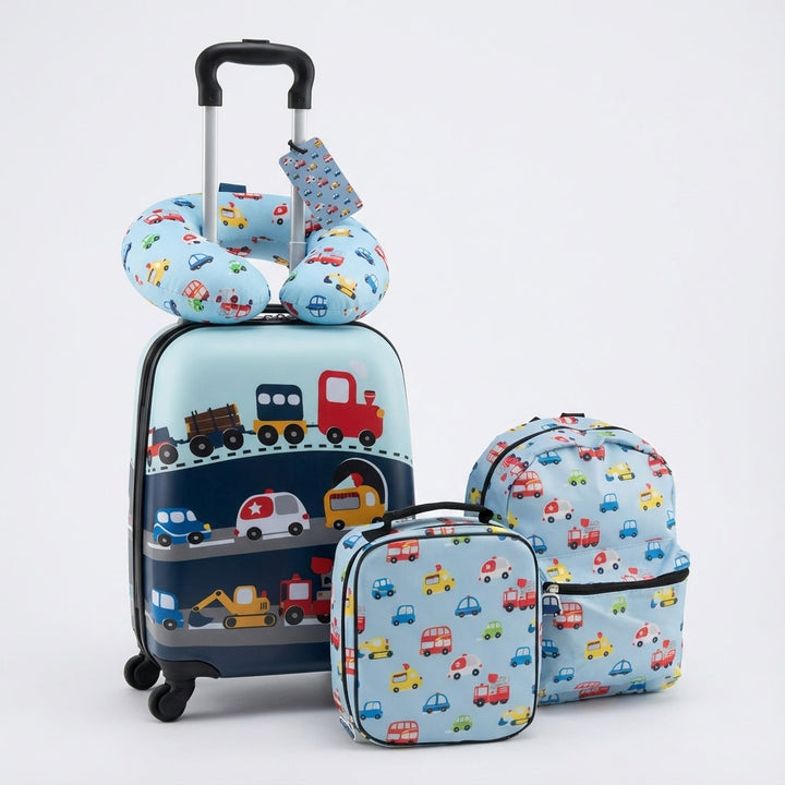 Traveltot barnresekit med nackkudde, lunchväska & resväska. Bekväm och praktisk för familjens resor.