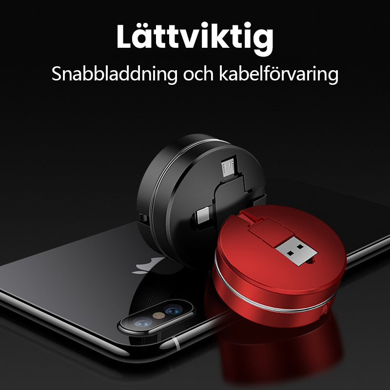 "Tredelad infällbar laddningskabel med iOS, Micro USB, Typ C-portar, svart färg för snabb laddning och dataöverföring."
