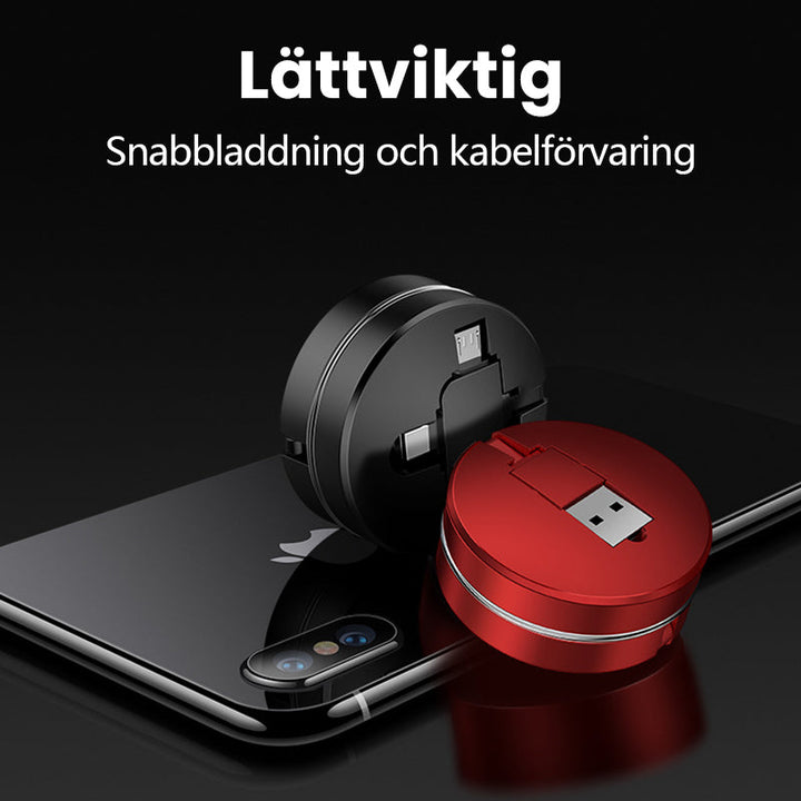 "Tredelad infällbar laddningskabel med iOS, Micro USB, Typ C-portar, svart färg för snabb laddning och dataöverföring."