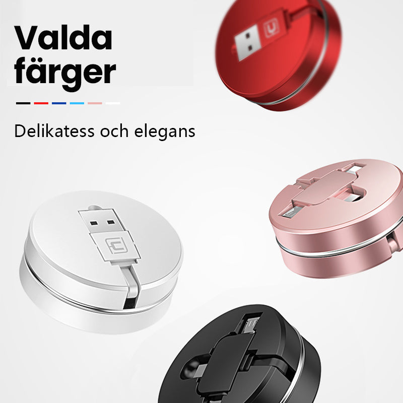 "Tredelad infällbar laddningskabel med iOS, Micro USB, Typ C-portar, svart färg för snabb laddning och dataöverföring."