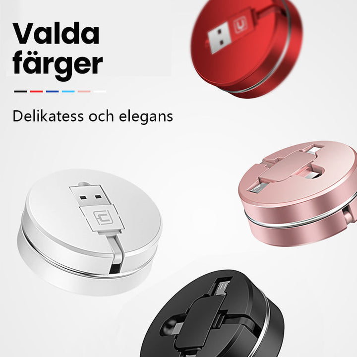 "Tredelad infällbar laddningskabel med iOS, Micro USB, Typ C-portar, svart färg för snabb laddning och dataöverföring."