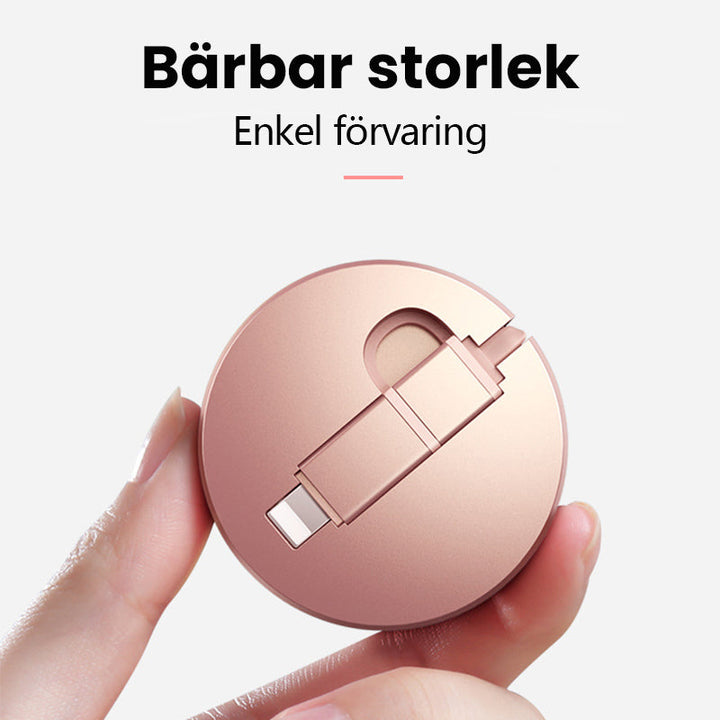 "Tredelad infällbar laddningskabel med iOS, Micro USB, Typ C-portar, svart färg för snabb laddning och dataöverföring."