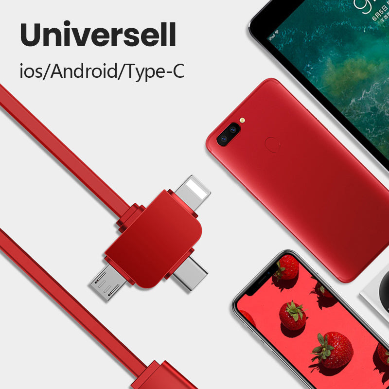 "Tredelad infällbar laddningskabel med iOS, Micro USB, Typ C-portar, svart färg för snabb laddning och dataöverföring."