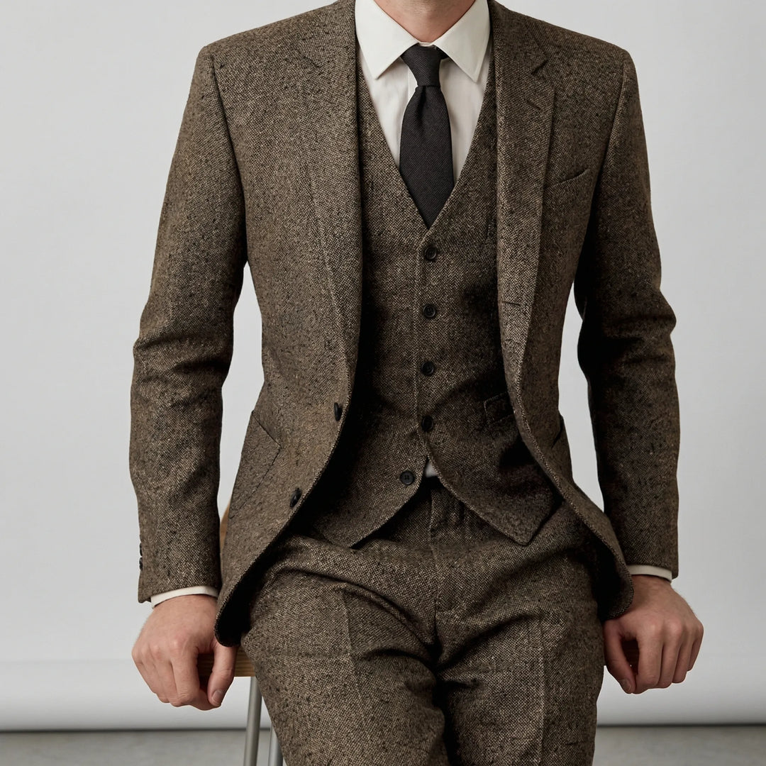 Herr slim fit kostym i brun, grön eller grå. Tredelad för en elegant och modern look.