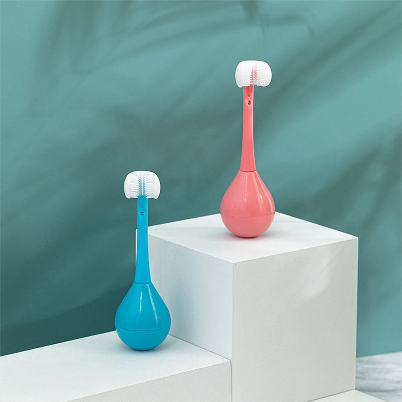 "Trehuvad barntandborste i blå och rosa med rolig design, effektiv för tandvård, barnvänlig och skonsam mot tandkött."