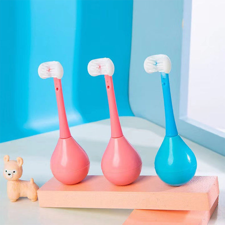 "Trehuvad barntandborste i blå och rosa med rolig design, effektiv för tandvård, barnvänlig och skonsam mot tandkött."