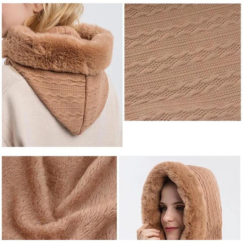 "Trendig damhalsduk med luva i beige, kombination av värme och stil, perfekt vinteraccessoar för modern kvinnas outfit."