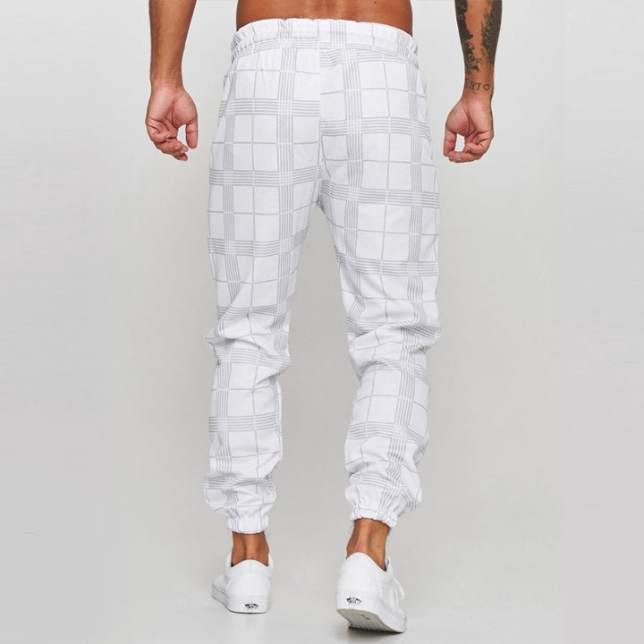 "Trendiga 3D mönstrade plädbyxor för män, vit och svart pläd, nylon och polyester, perfekt för vår, sommar och höst."