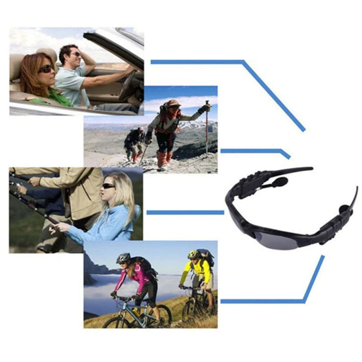 "Trendiga Bluetooth-solglasögon med hörlurar, polariserade linser och vikbar design för utomhusbruk."