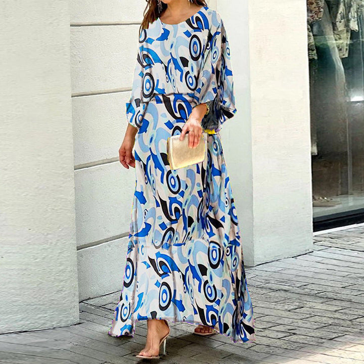 "Tryckt dams maxi puffärm klänning, framifrån, elegant för vår/sommarfester, rundad urringning och hög midja."