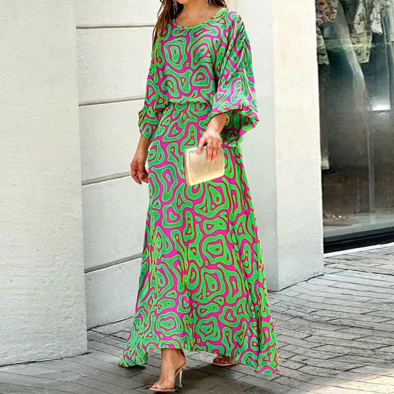 "Tryckt dams maxi puffärm klänning, framifrån, elegant för vår/sommarfester, rundad urringning och hög midja."