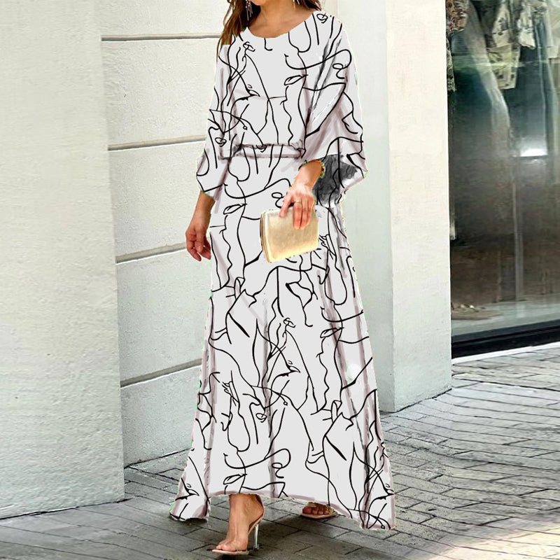 "Tryckt dams maxi puffärm klänning, framifrån, elegant för vår/sommarfester, rundad urringning och hög midja."
