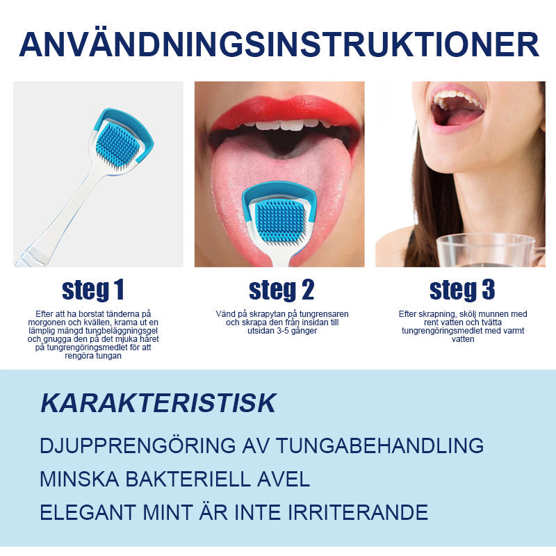 "Tungrengöringsgelset för fräsch andedräkt, inkluderar en gel i transparent tub, främjar optimal munhygien."