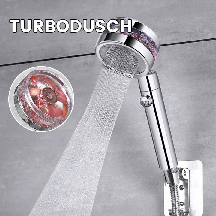 "Turbo-flow duschmunstycke i rostfritt stål, spegelyta, justerbar spray, elegant design för modern duschupplevelse."