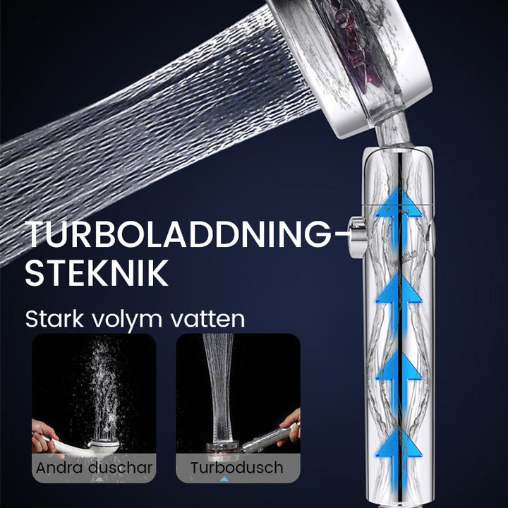 "Turbo-flow duschmunstycke i rostfritt stål, spegelyta, justerbar spray, elegant design för modern duschupplevelse."