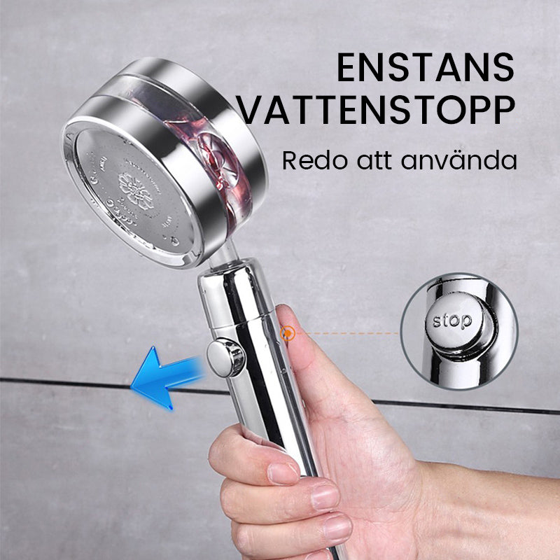 "Turbo-flow duschmunstycke i rostfritt stål, spegelyta, justerbar spray, elegant design för modern duschupplevelse."