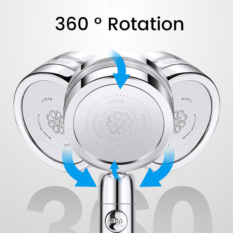"Turbo-flow duschmunstycke i rostfritt stål, spegelyta, justerbar spray, elegant design för modern duschupplevelse."