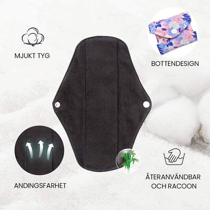"Tvättbara bambukol dambindor, mjuka, absorbenta och vattentäta, perfekta för hållbar hygien och skydd hela dagen."