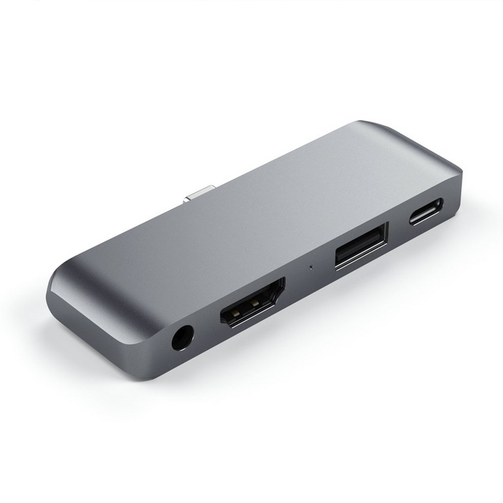"Type-C Mobil Pro Hub, slimmad grå elektronikadapter med USB-C, HDMI, USB 3.0 portar, bärbar och kompakt design."