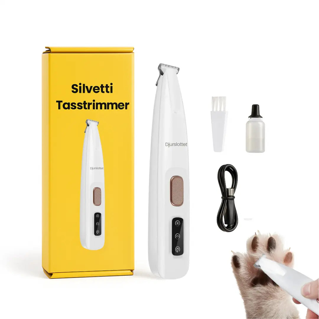 Tyst Silvetti tasstrimmer för hund och katt, idealisk för skonsam pälsvård och tassvård. Uppladdningsbar.