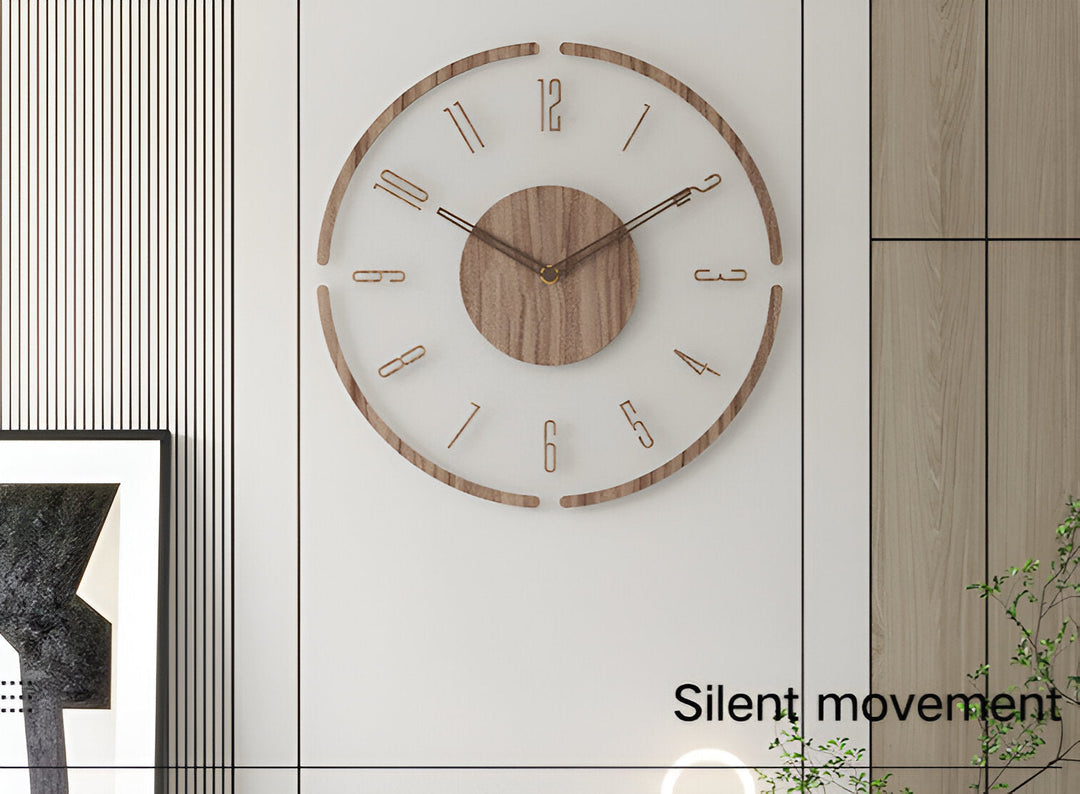 Tyst väggklocka i modern akryl & trä. Perfekt för minimalistisk heminredning.