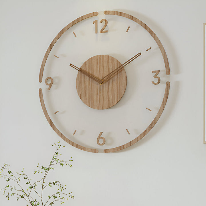 Modern tyst väggklocka i akryl & trä. Designklocka för vardagsrum eller kontor.