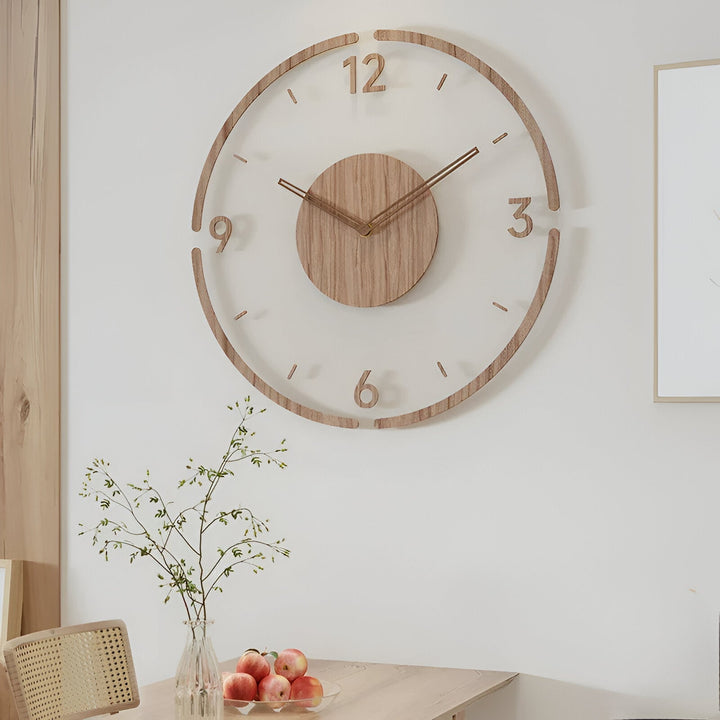 Minimalistisk designklocka i akryl & trä. Tidlös väggklocka för kontor.