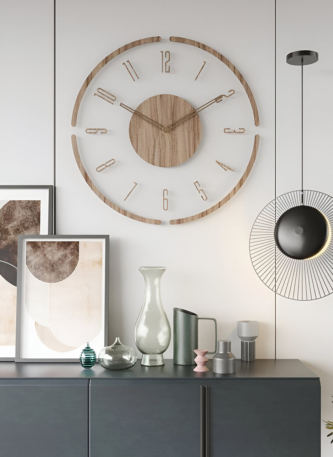 Designklocka: Tyst väggklocka i trä & transparent akryl. Elegant för vardagsrum.