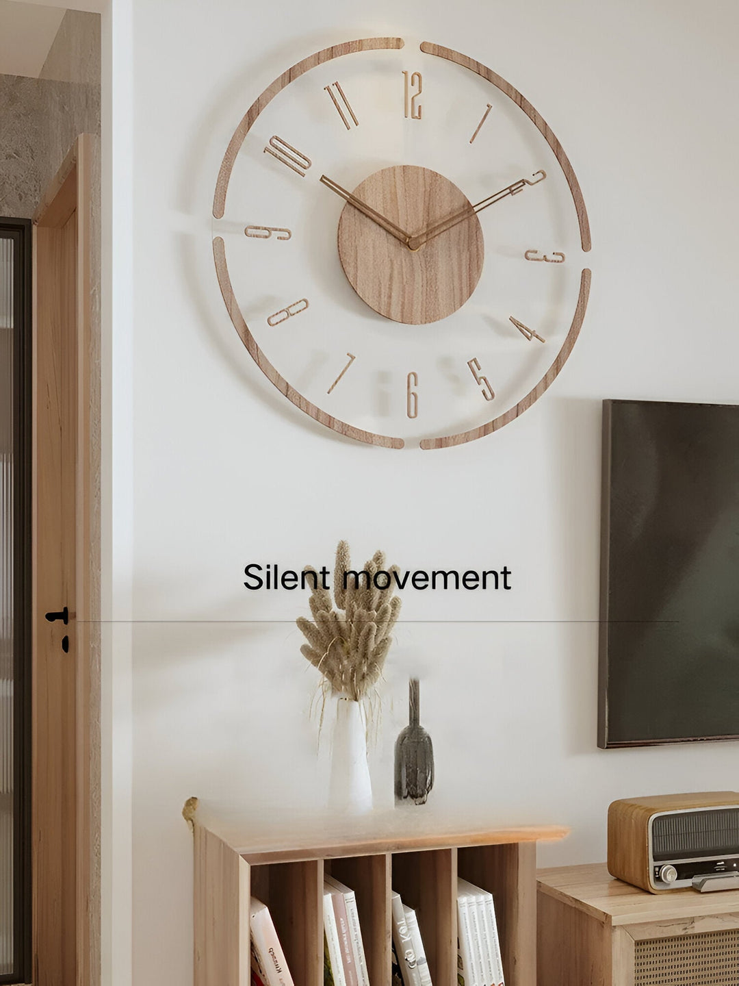 Heminredning: Tyst väggklocka, akryl & trä. Minimalistisk design för kontor.
