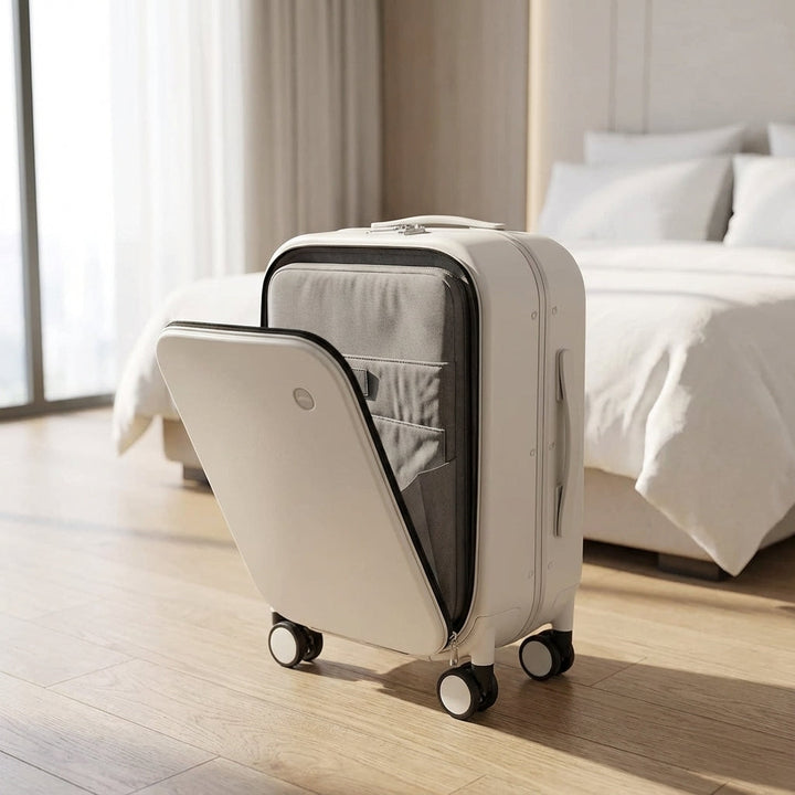 Tystgående Navisphere spinnerresväska i aluminium, perfekt för organiserat bagage med smidiga 360-hjul.