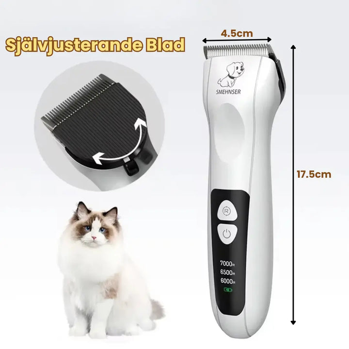 Professionell djurtrimmer med skarpa keramiska blad för effektiv och skonsam klippning av hund- och kattpäls.