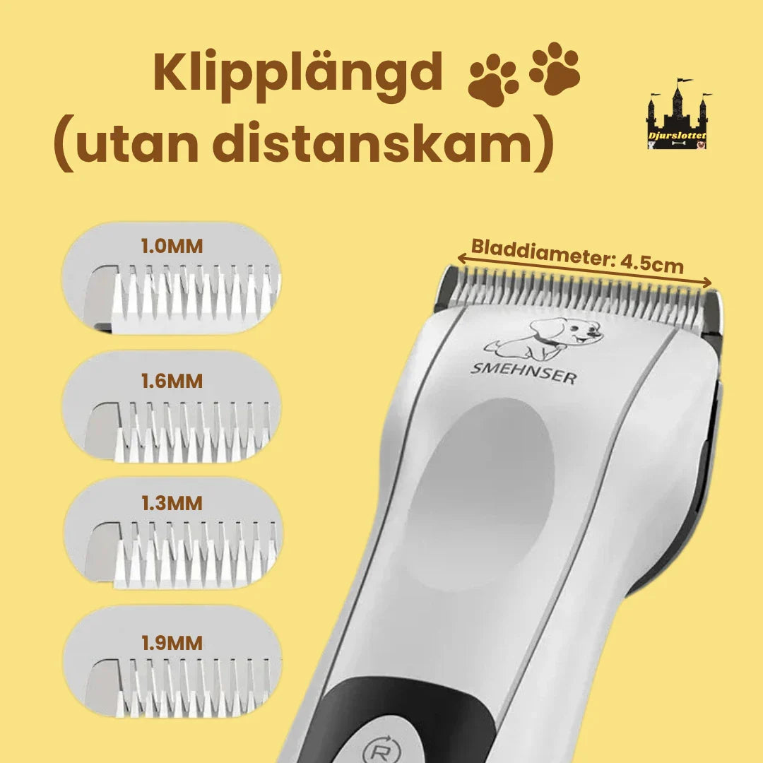 Ergonomisk djurtrimmer för hund och katt, designad för bekväm och tyst pälsvård hemma.