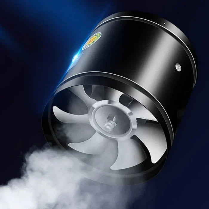 Tystgående utblåsventilator för renare inomhusluft; effektiv fläkt i svart metall för bättre inomhusklimat.