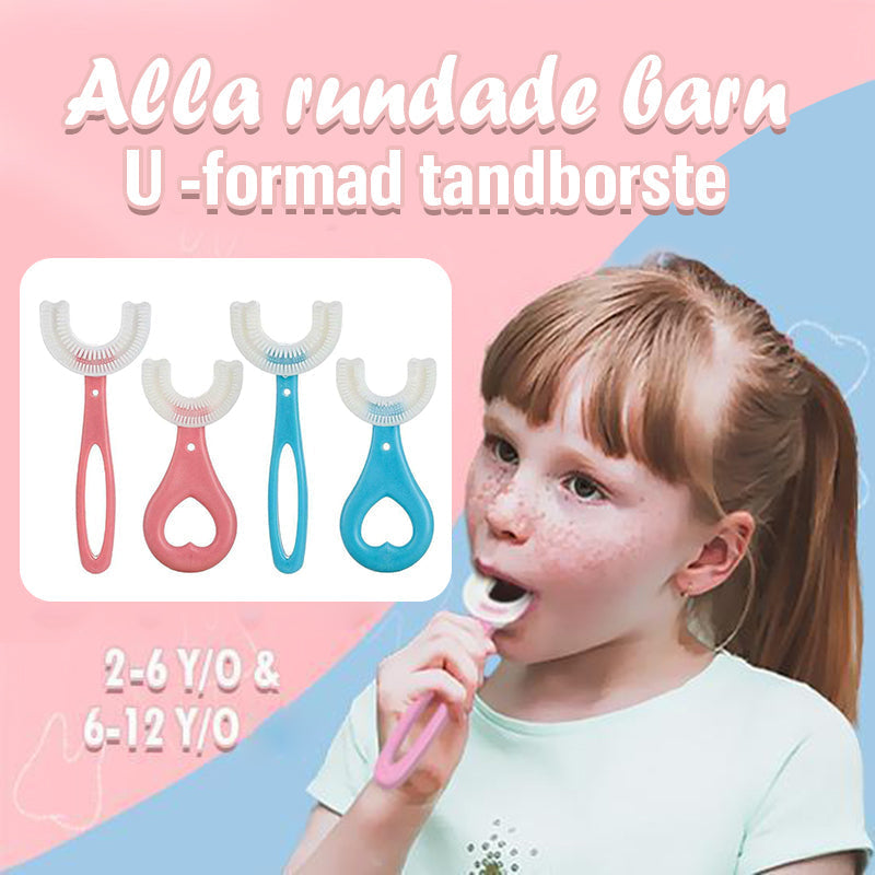 "U-formad 360° barn tandborste i silikon för komplett rengöring, rosa färg, ergonomisk design för barn 0-12 år"