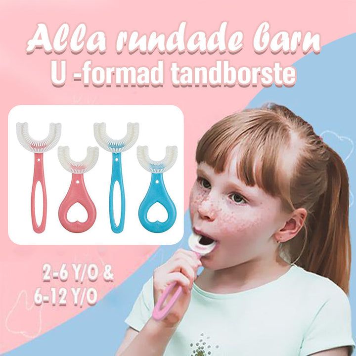 "U-formad 360° barn tandborste i silikon för komplett rengöring, rosa färg, ergonomisk design för barn 0-12 år"