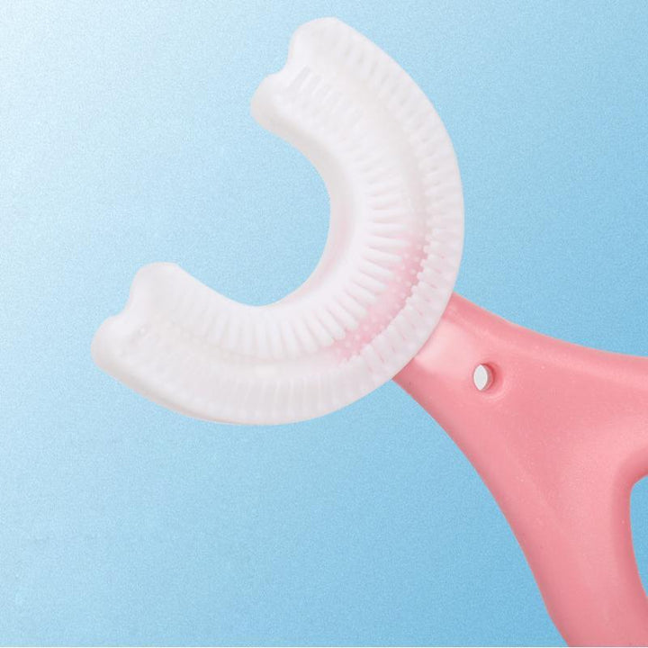 "U-formad 360° barn tandborste i silikon för komplett rengöring, rosa färg, ergonomisk design för barn 0-12 år"