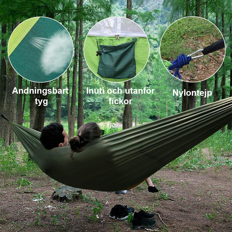 "Ultralätt myggnäthängmatta, grön nylon, perfekt för camping och utomhusaktiviteter, med inbyggt insektsskydd."