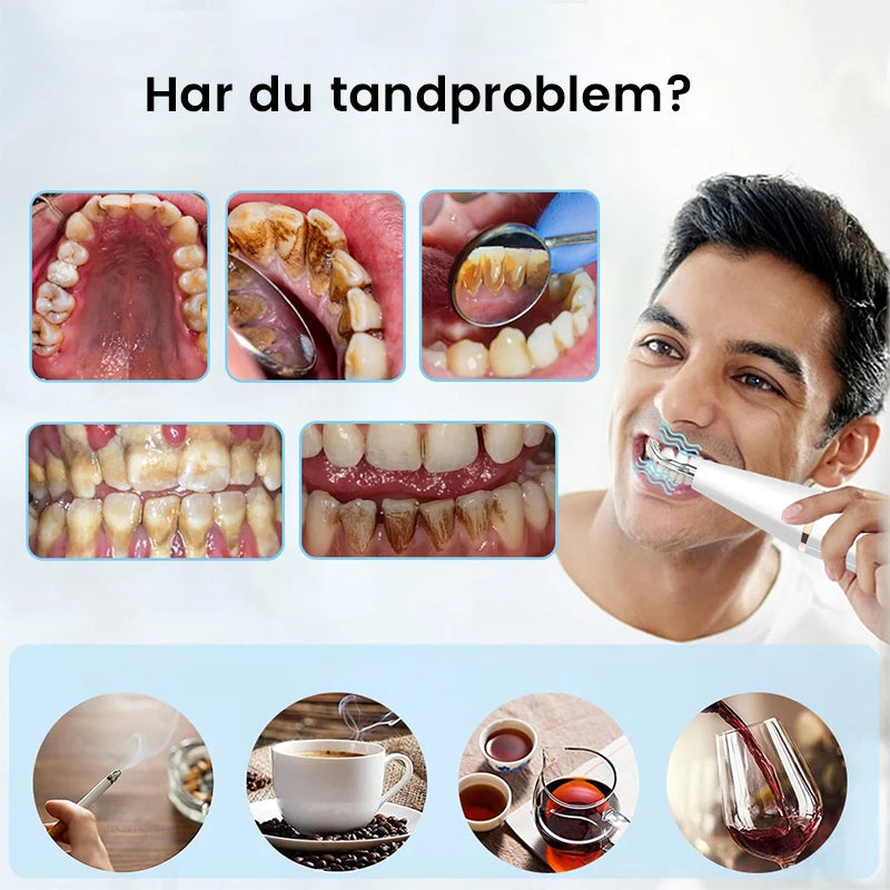 "Ultraljud tandrengörare i rosa och blått med silikonhandtag och olika rengöringslägen, perfekt för hälsovård."