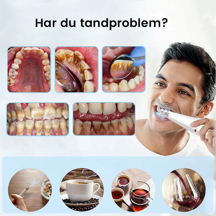 "Ultraljud tandrengörare i rosa och blått med silikonhandtag och olika rengöringslägen, perfekt för hälsovård."