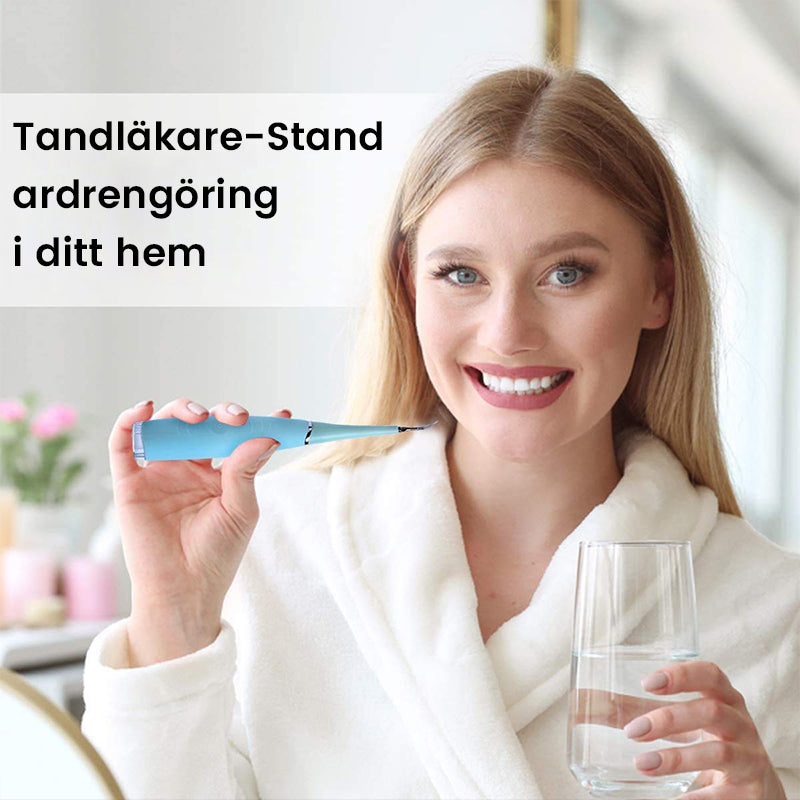 "Ultraljud tandrengörare i rosa och blått med silikonhandtag och olika rengöringslägen, perfekt för hälsovård."