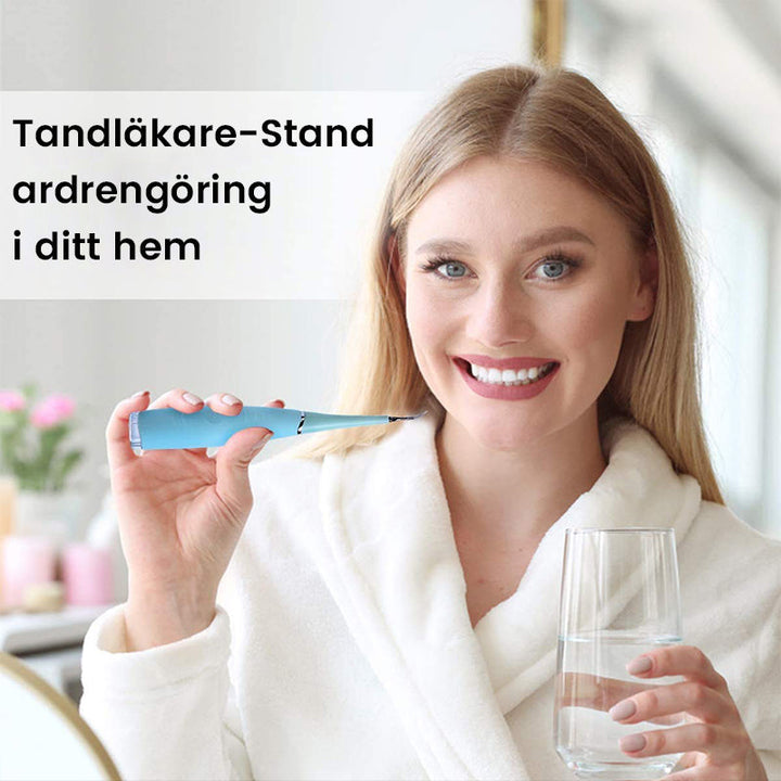 "Ultraljud tandrengörare i rosa och blått med silikonhandtag och olika rengöringslägen, perfekt för hälsovård."