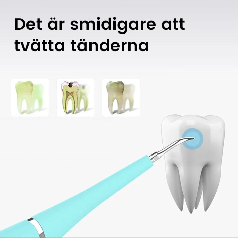 "Ultraljud tandrengörare i rosa och blått med silikonhandtag och olika rengöringslägen, perfekt för hälsovård."