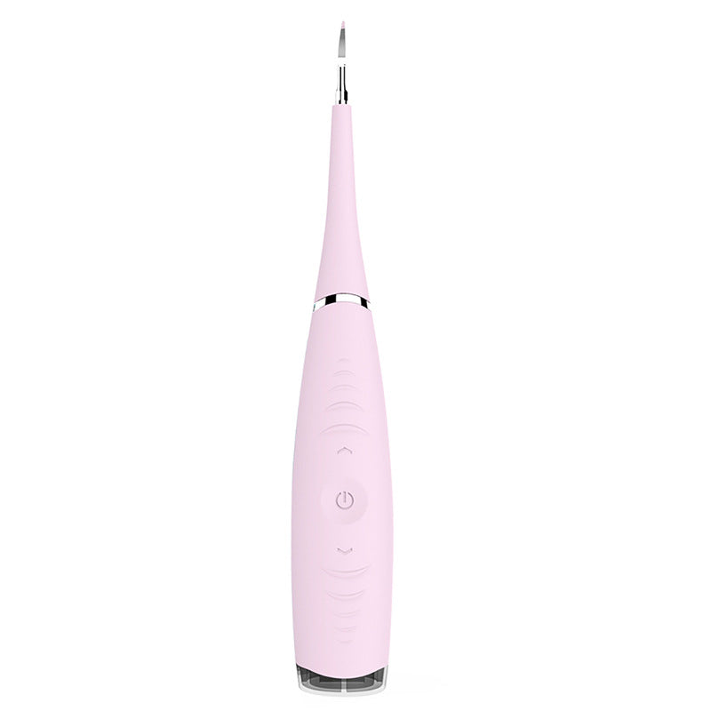"Ultraljud tandrengörare i rosa och blått med silikonhandtag och olika rengöringslägen, perfekt för hälsovård."