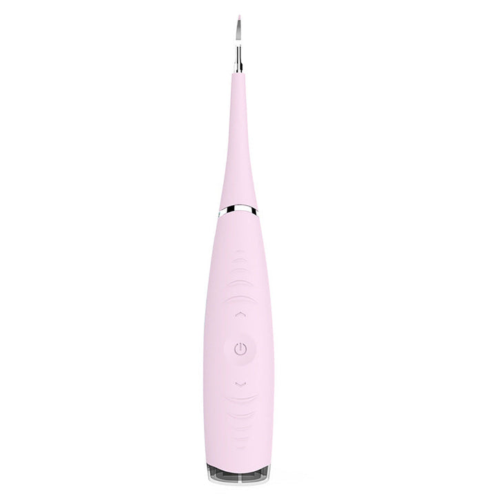 "Ultraljud tandrengörare i rosa och blått med silikonhandtag och olika rengöringslägen, perfekt för hälsovård."