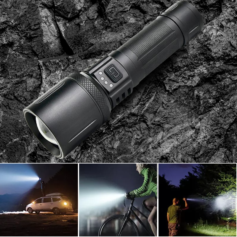 "Ultraljus vattentät ficklampa i svart aluminium med avancerad LED-teknik och robust design för utomhusäventyr."